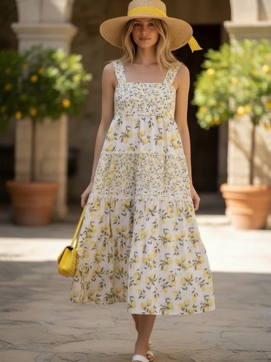 Haute Hippie Dresses & Skirts - New Dress HAUTE HIPPIE Lemon Print Tiered Midi Sundress Sz.12 Cotton Party